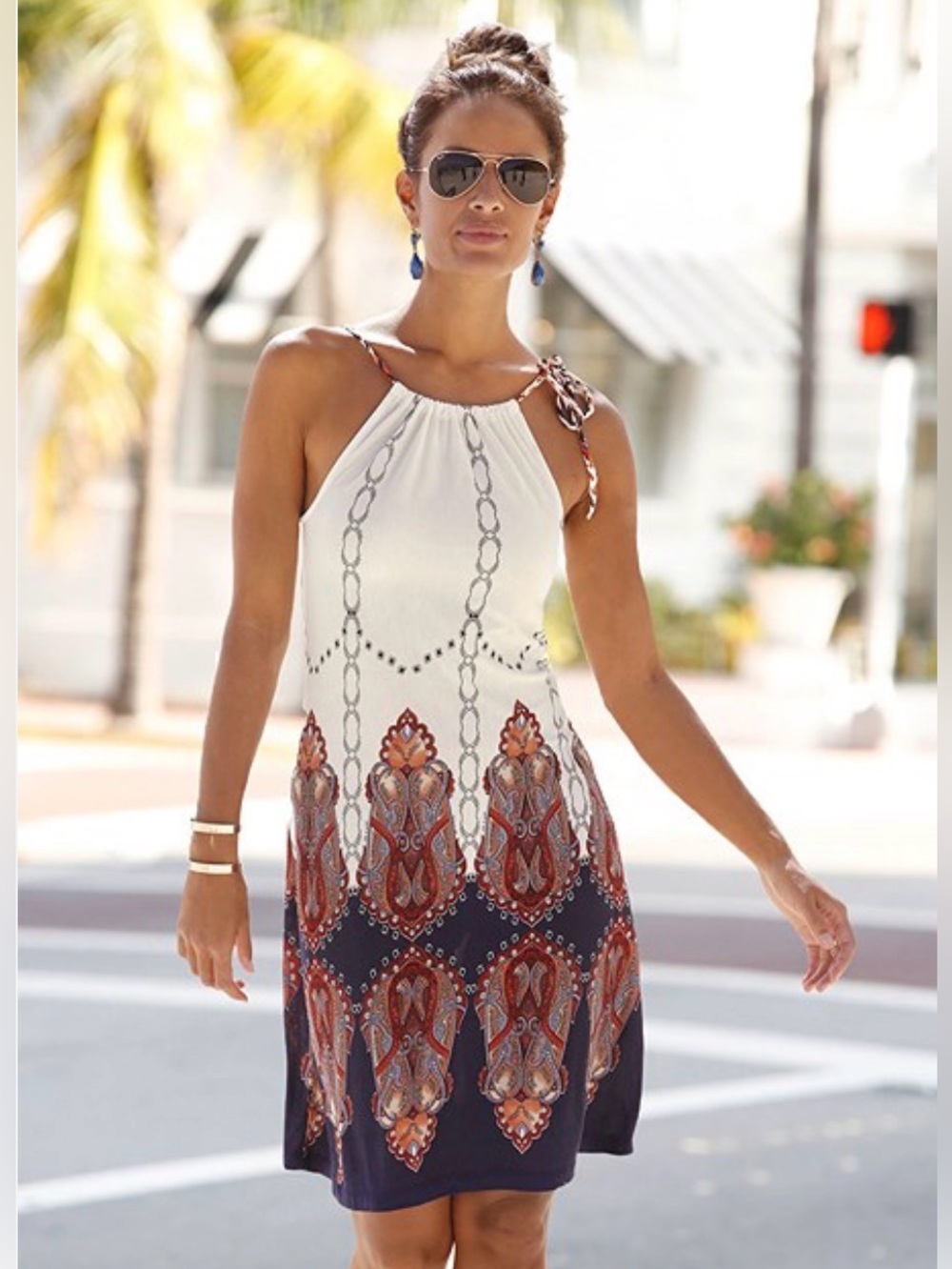 Lascana Navy & White Halter Beach Coverup Dress, Coral Medallion Paisley Print